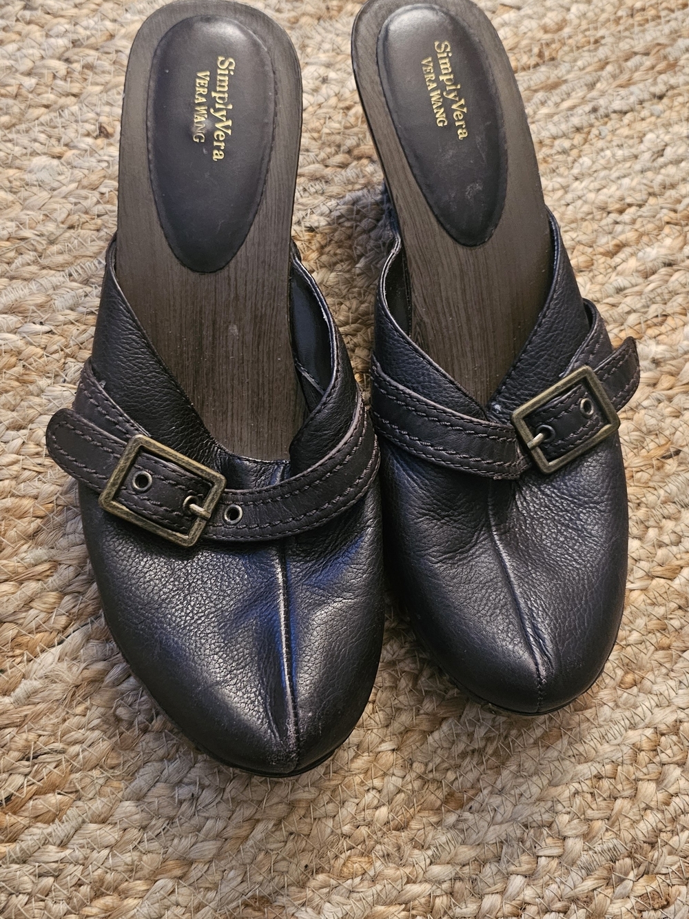 Vera Wang Brown Leather Slip-On Mules with Buckle